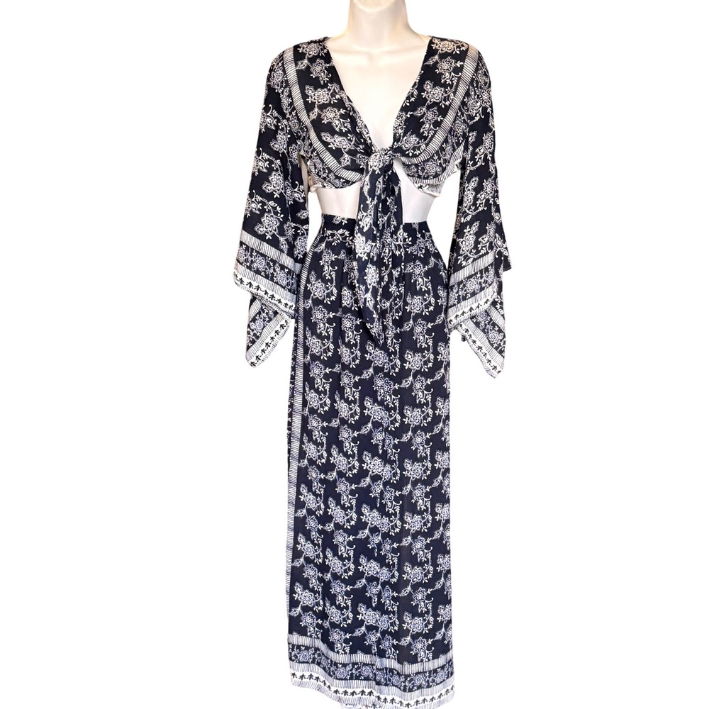 RAGA Boho Navy Blue White Floral Tie Front Bell Sleeve Crop Top & Maxi Skirt Set